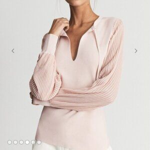 REISS Sloane Hybrid Knitted Semi-sheer Sleeve Top in Pink Size S